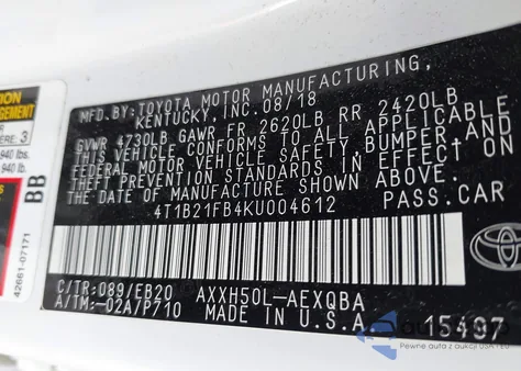 2019 Toyota Avalon Hybrid Xse z USA, uszkodzony, nr VIN 4T1B21FB4KU004612